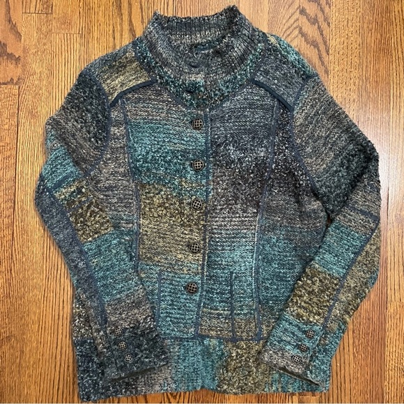 Curio Long Sleeved Sweater Blue Green Button Down Mock Neck Size Small - Picture 1 of 10